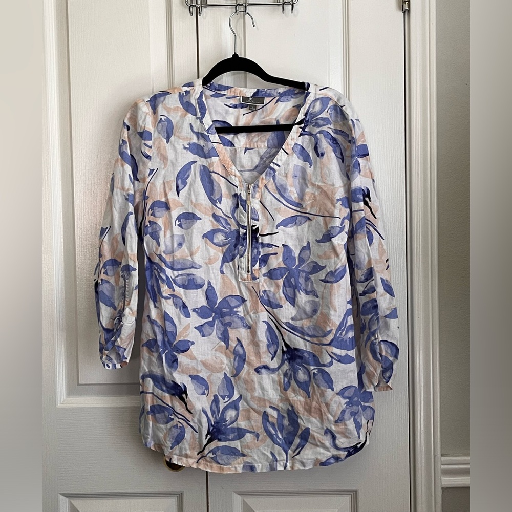 JM COLLECTION WOMENS BLOUSE, FLORAL, LINEN, SIZE large